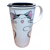 Taza Vaso Termico Ceramica Tapa Cafe Te Gatito Kawai Vdp