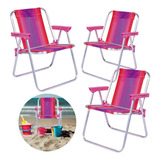 3 Cadeiras De Praia Infantil Alta Dobravel Em Aluminio Rosa