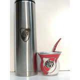 Termo Metal De 1lt Grabado Laser Escudo  River  Con Mate De Vidrio Forrado River Y Bombilla 