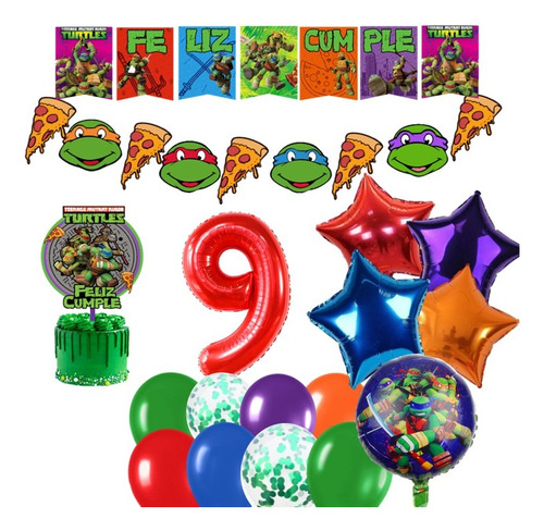 Combo Pack Globos Tortugas Ninjas Banderin Topper