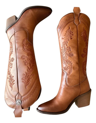 Bota Vaquera Alta De Moda Cowgirl Tang Bordado Flor