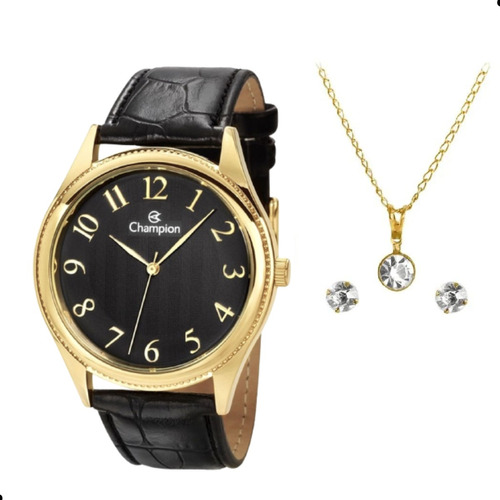 Relógio Champion Dourado Feminino Com Pulseira Couro Preto