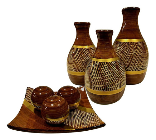 Jogo Ceramica Decorativo Centro Mesa Sala Enfeite Conjunto Cor Leticia Marrom Dourado