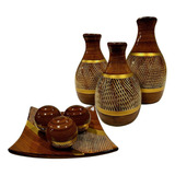 Jogo Ceramica Decorativo Centro Mesa Sala Enfeite Conjunto Cor Leticia Marrom Dourado
