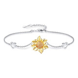 Pulsera Plata Esterlina 925 Flor Girasol Corazón Brazalete 