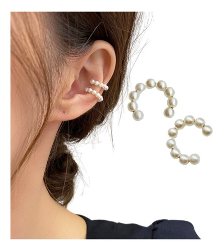 Aretes Ear Cuff Mujer Ajustable Sin Perforación Set 2 Perlas