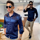 Camisa Social Masculina Cetim Azul Slim Nova Coleçao Premium