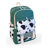 Mochila Bolsa Feminina Escolar Estampada Vaca Fofa Kawaii Cor Verde