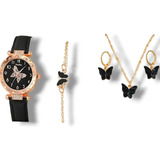 Set Reloj Negro Mariposa Collar Anillo Pendientes