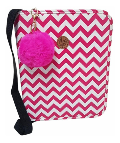 Fichário Feminino Univ. Zíper Bolso Poá Preto + Pompom+ Alça Cor Rosa