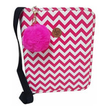 Fichário Feminino Univ. Zíper Bolso Poá Preto + Pompom+ Alça Cor Rosa