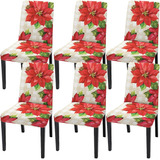 6 Fundas De Silla De Comedor Flores Rojas, Color Beige,...