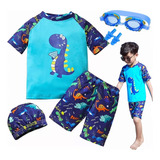 5pz Traje Baño Dinosaurio Niños Con Gafas Y Gorro Natación