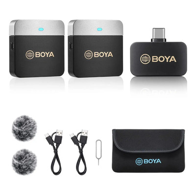 BOYA BY-M1V4 Micrófono Lavalier Inalámbrico de Doble Canales con USB-C 2 Microfono Inalambrico para Celular\u002FCamera\u002FLaptop Micrófono de Solapa Microfono Podcast Kit | Meses sin interés