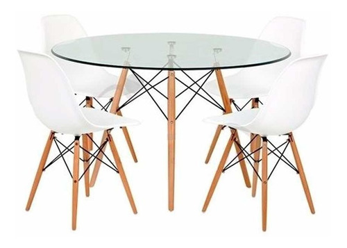  Juego De Comedor Mesa Redonda Vidrio 100cm + 4 Sillas Eames