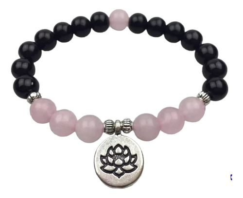 Pulsera Obsidiana Cuarzo Rosa Flor De Loto 8mm Regalo Yoga