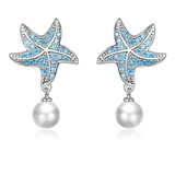 Aretes Pendientes Plata S925 Estrella De Mar Con Perla