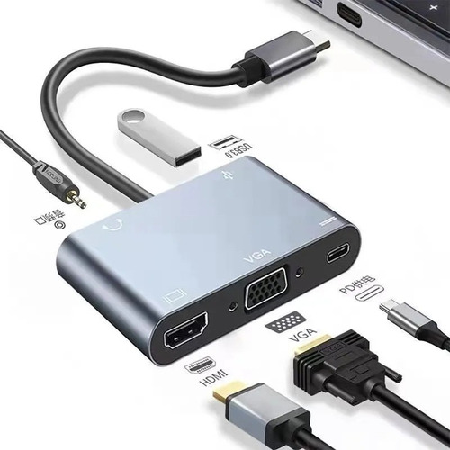 Adaptador Usb Tipo C 3.0 X Hdmi Vga Audio Usb Type C 5em1