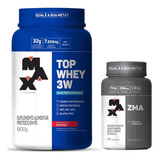 Kit Top Whey 3w - 900g - Morango   Zma 90 Cáps Max Titanium