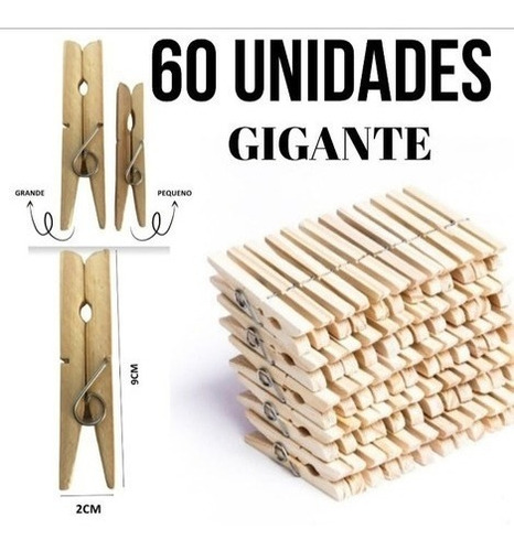 Kit 60 Pregadores De Madeira Grande Gigante Prendedor Roupas