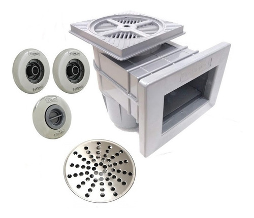 Kit Dispositivo Retorno Aço Inox Piscina Alvenaria Sodramar Com Skimmer Pequeno Cinza 