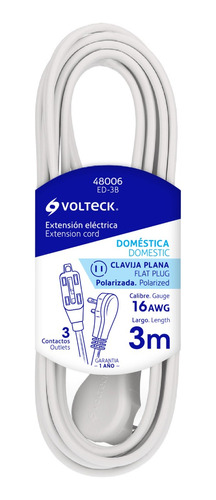 Extensión Eléctrica Doméstica, 3 M, Blanca, Volteck 48006