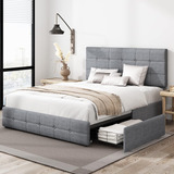 Base De Cama Matrimonial Tapizada Gris 4 Cajones Keyluv