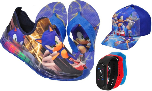 Tênis Led Infantil Sonic Novo + Boné + Chinelo + Relógio