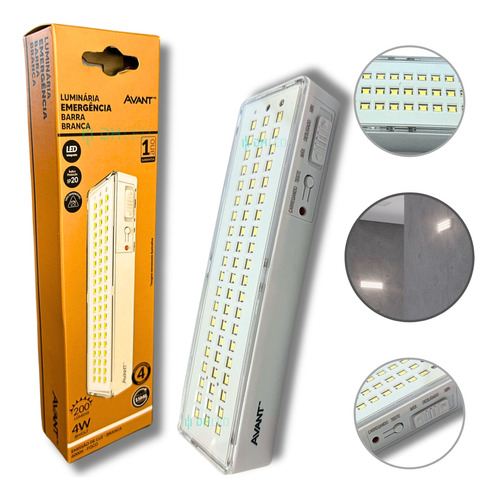 Kit 6x Luminária Led Emergência Barra 4w Avant 60 Leds 6000k