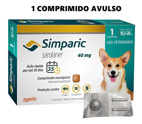 Simparic 40 Mg Antipulgas Para Cães 10,1 A 20 Kg + Brinde