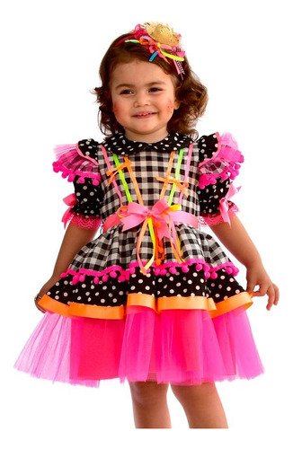 Vestido Infantil Junino Bambolê Xadrez Neon 659 São João