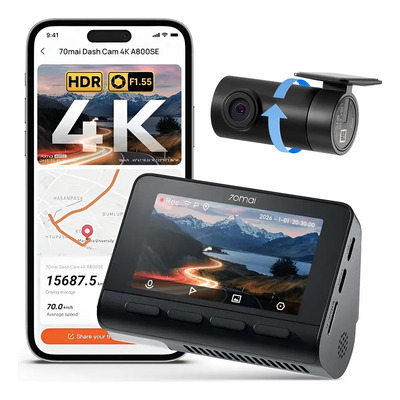Cámara de Auto 4K+1080P 70mai A800SE-1, Pantalla 3 Con GPS+ADAS+HDR, Grabación 4K UHD, Protección de Estacionamiento 24\u002F7, Visión Nocturna Potente, ADAS y Control por App (Incluye Cámara Trasera RC22) | Meses sin interés