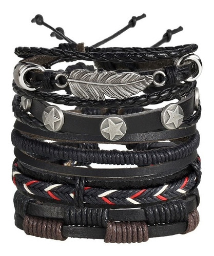 Conjunto Pulsera Brazalete Hombre Moda Cuero 5 En 1