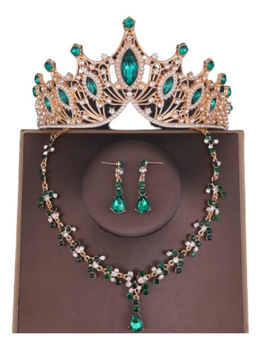 Conjunto Coroa Tiara Com Colar Brinco Noiva Debutante Verde