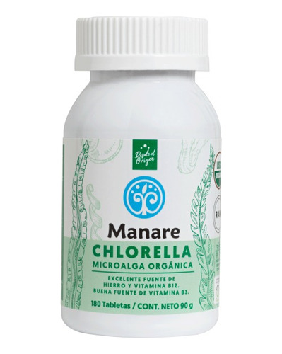 Chlorella Organica Manare 1 Frasco 180 Tabletas 