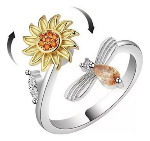 Anillo Flor Girasol Giratorio Plata 925 Antiestres Circonio