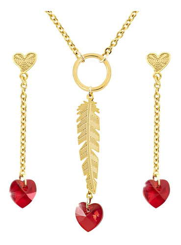 Collares Mujer Corazon Rojo Swarovski Cadena Acero Dorado