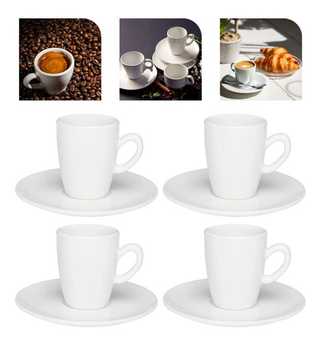 4 Xicaras De Café 75ml + 4 Pires Branco Profissional Oxford 