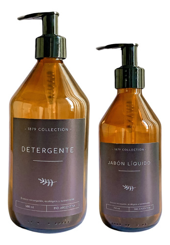 Set Dispenser Vidrio Detergente+jabón Liquido Etiqueta Negra