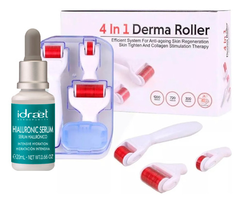 Kit Derma Roller 4 En 1 Rodillo De Microagujas + Serum Ácido Hialurónico Idraet Antiedad