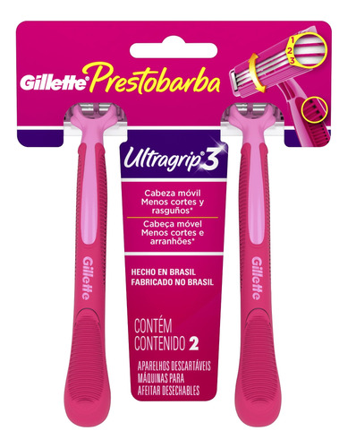 Barbeador Gillette Prestobarba Ultragrip3  Cabeça Móvel Descartável 2 Un