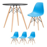 Kit Mesa Jantar Eames Wood 70 Cm 3 Cadeiras Eiffel Coloridas Tampa Mesa Preto Com Cadeiras Azul Céu