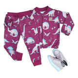 Conjunto Moletom Rosa Dino Infantil Menina Outono Inverno