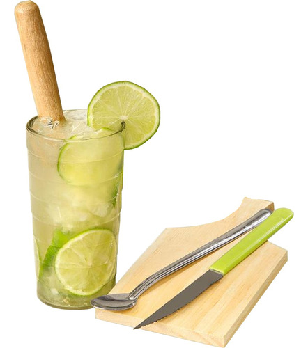 Kit Caipirinha 5 Peças Copo Amassador Tábua Colher Faca