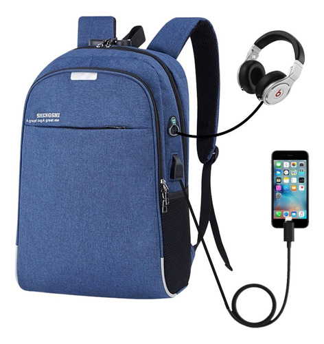 Mochila Anti Furto Notebook Saida Cabo Aux Usb Fone Ouvido Cor Azul