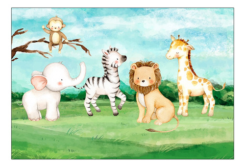 Fundo Fotográfico - Animais No Safari Cute 2,20x1,50 02 Cor Colorido Desenho Impresso Animais Safari