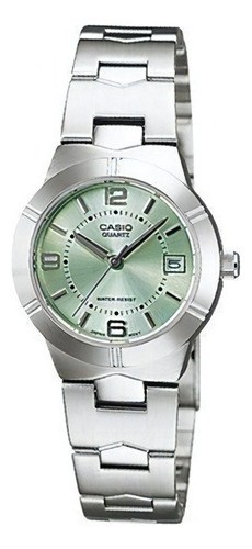 Reloj Casio De Dama Modelo Ltp 1241 Caratula Verde Color De La Correa Plateado Color Del Bisel Plateado