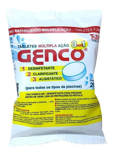 Cloro Para Piscina 200g Tabletes Múltipla Ação 3 Em 1 Genco