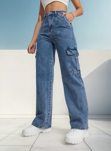 Jeans Mezclilla De Carga Con Múltiples Bolsillos Para Dama | Meses sin interés