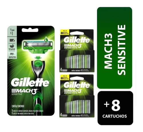 Gillette Mach3 Sensitive + 8 Repuestos Para Maquina Afeitar